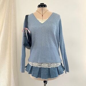 Peter Millar Women's 100% Cashmere Blue Cable Knit V Neck Sweater Size Medium